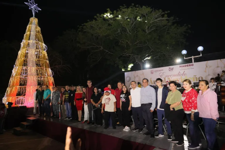 Familias maderenses celebran encendido del pino navideño 2024